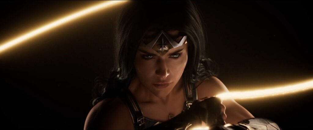 A imagem mostra a Mulher Maravilha no trailer de anuncio do jogo dela com o laço da verdade