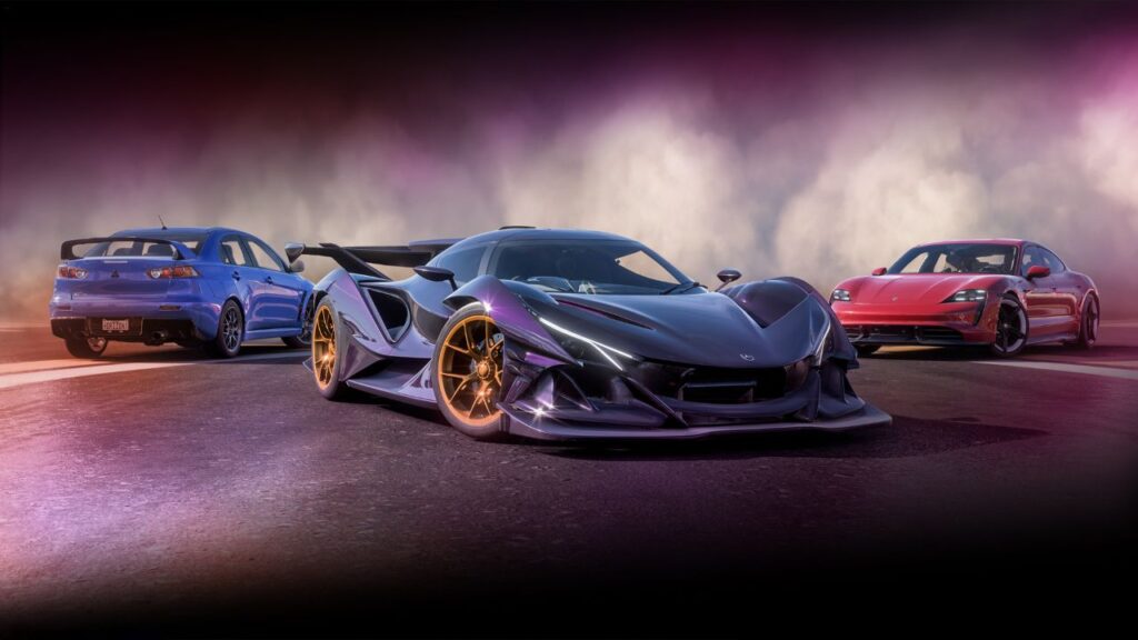 Essa imagem mostra três grandes carros reunidos possivelmente dentro do Forza Horizon 5