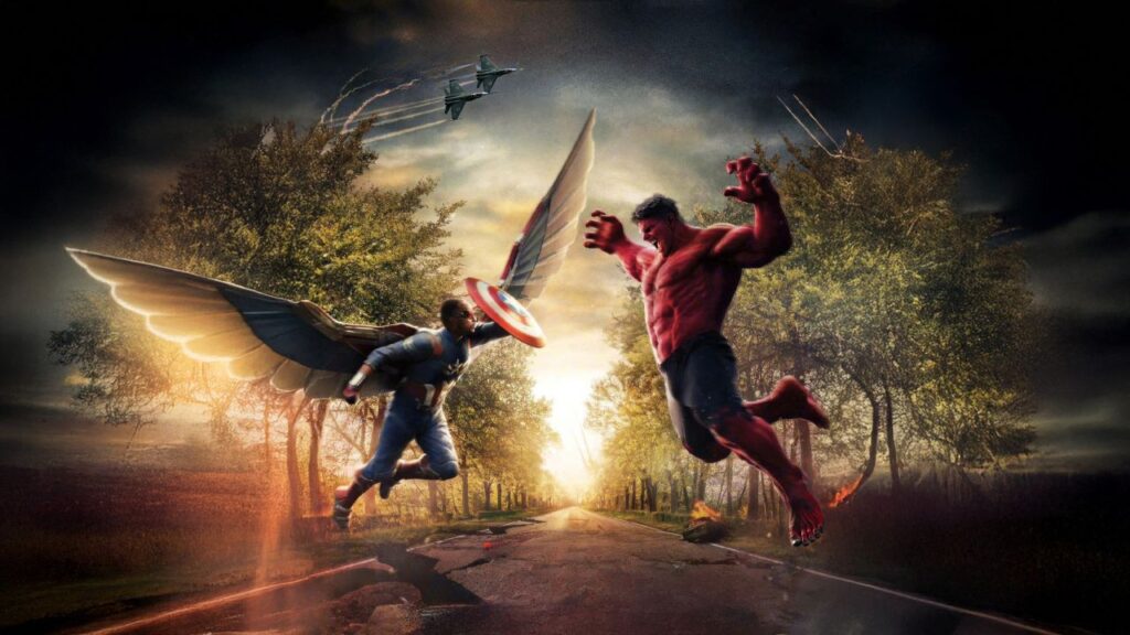 A imagem mostra o Capitão América Sam Wilson e o Hulk Vermelho indo em direção um ao outro