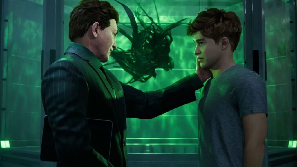 Essa imagem mostra o Norman e Harry Osborn junto na cena inicial de Marvels Spider-Man 2