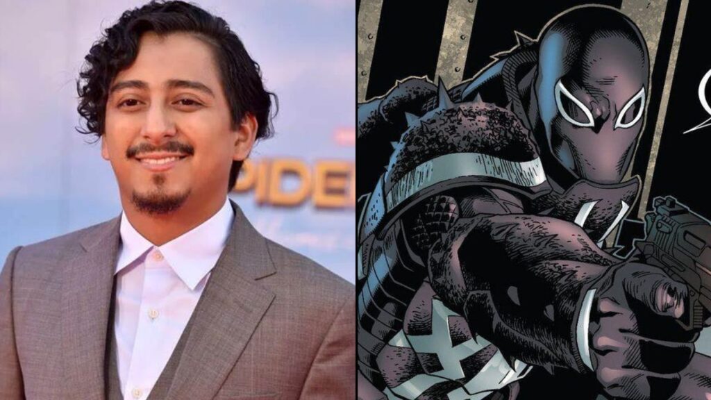 A imagem mostra uma montagem colocando o ator Tony Revolori ao lado do personagem da Marvel Agente Venom