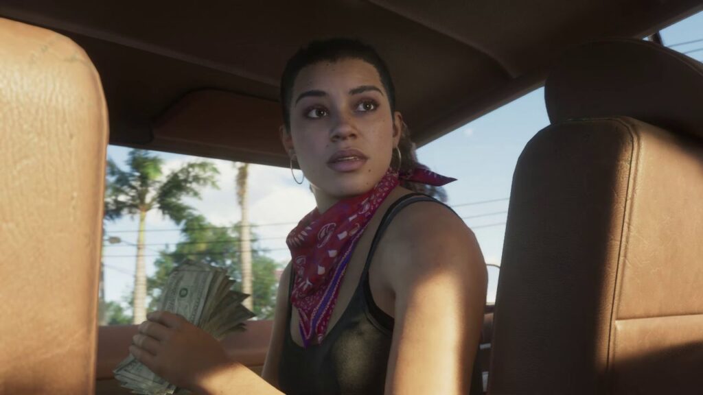 Essa imagem está mostrando a personagem Lucia dentro de um carro no trailer do jogo da Rockstar Games GTA 6