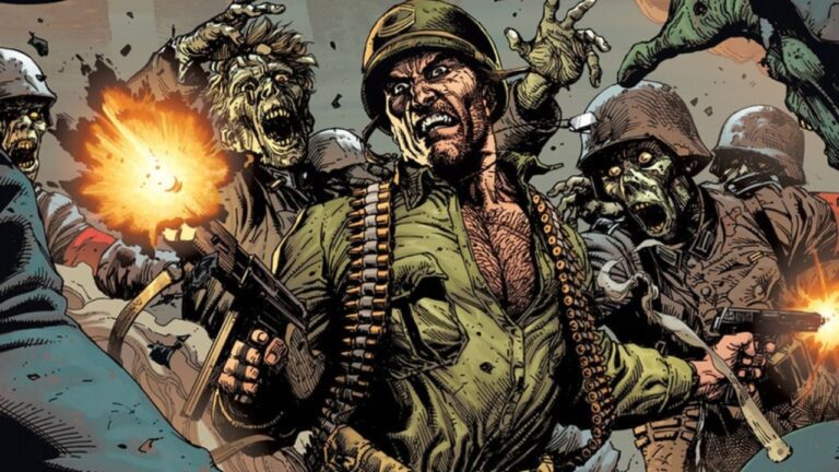 Essa imagem está mostrando o personagem da DC Comics Sgt. Rock em uma batalha