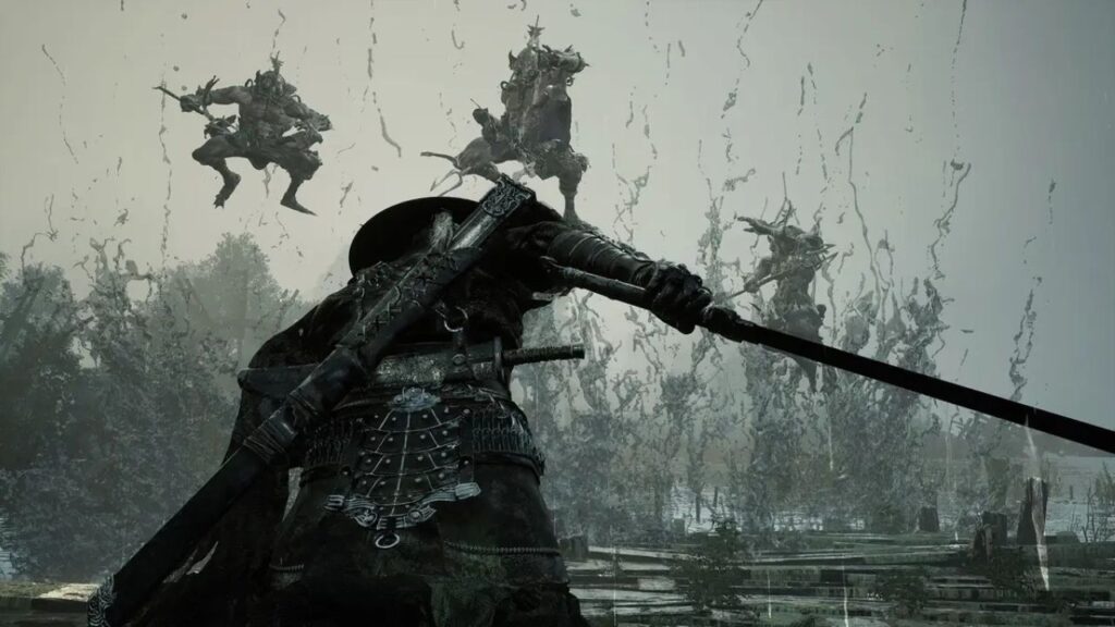 Essa imagem está mostrando o personagem principal do jogo Phantom Blade Zero se preparando para enfrentar alguns adversários