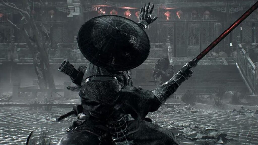 Essa imagem está mostrando o protoganista do jogo Phantom Blade Zero em uma pose segunrando a sua espada