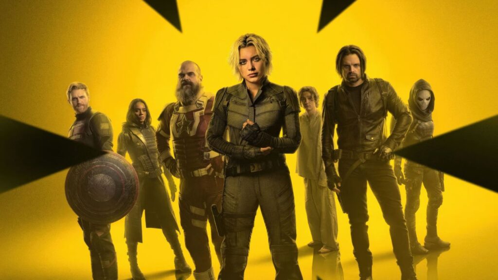A imagem está mostrando os Thunderbolts reunidos em um fundo amarelo e preto