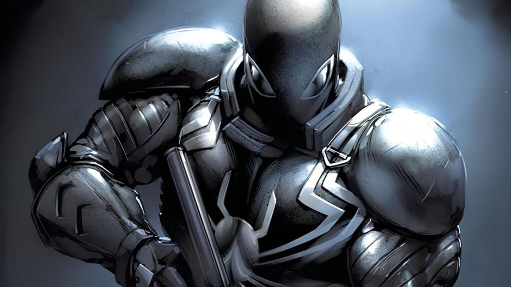 Essa imagem está mostrando uma arte do personagem da Marvel Agente Venom em um fundo azul