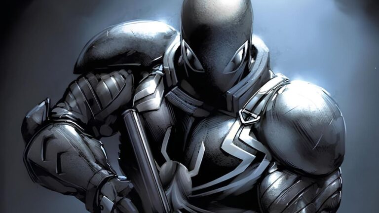 Essa imagem está mostrando uma arte do personagem da Marvel Agente Venom em um fundo azul