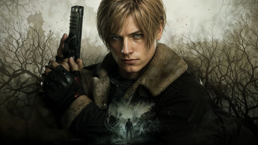 Essa imagem mostra uma arte do jogo Resident Evil 4 Remake com o personagem Leon S Kennedy em destaque