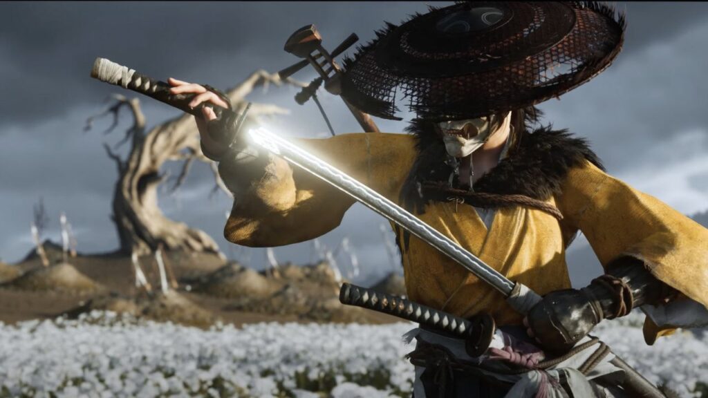 A imagem mostra a personagem principal do jogo Ghost of Yotei guardando a sua espada