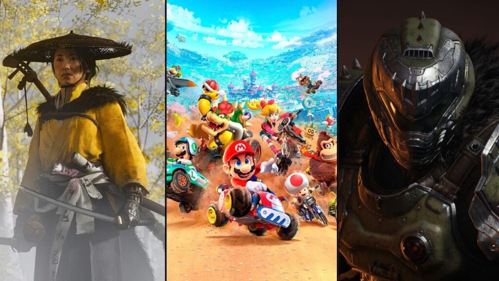 Essa imagem mostra três Games, o Ghost of Yotei, Mario Kart World e Doom The dark ages em uma montagem