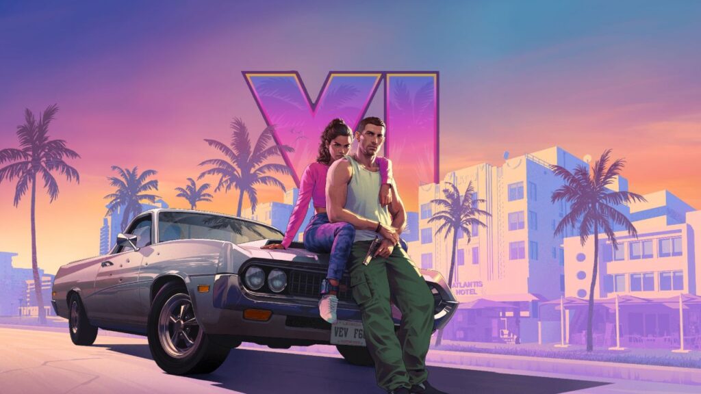 Essa imagem está mostrando uma imagem oficial do GTA 6 mostrando a personagem Lucia e Jason próximo a um carro