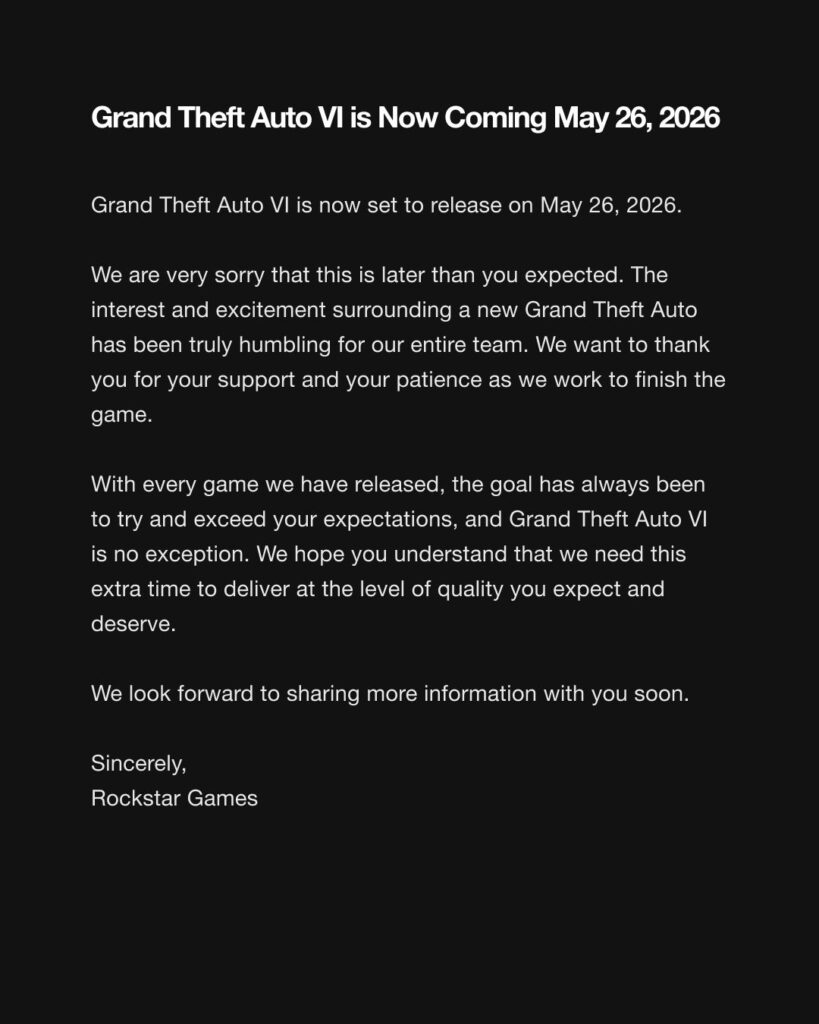 Essa imagem mostra um comunicado da desenvolvedora Rockstar Games falando sobre o adiamento do GTA 6