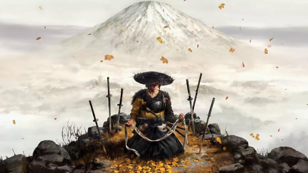 A imagem mostra a personagem Atsu de Ghost of Yotei sentada em um local com varias espadas próxima a ela e uma montanha atrás dela