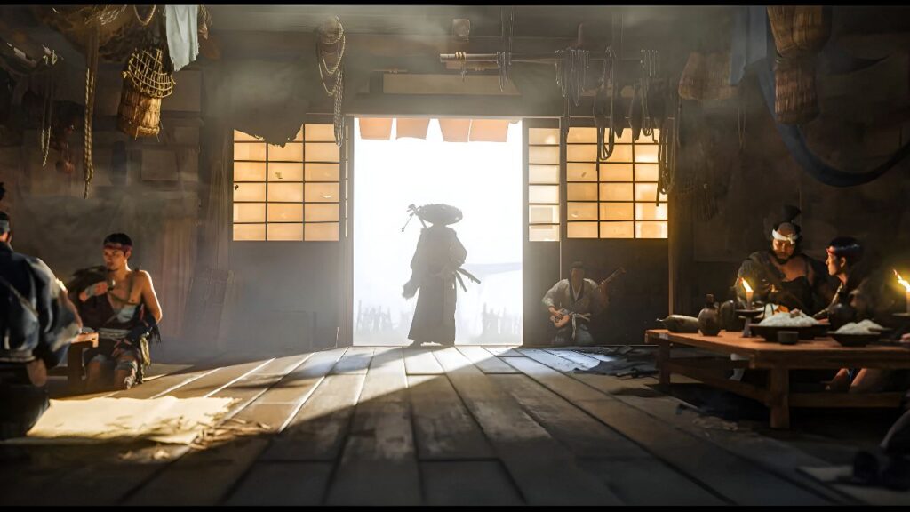 A imagem mostra a personagem Atsu, do jogo Ghost of Yotei, um dos Games que a Sony irá lançar em 2025 chegando em um estabelecimento