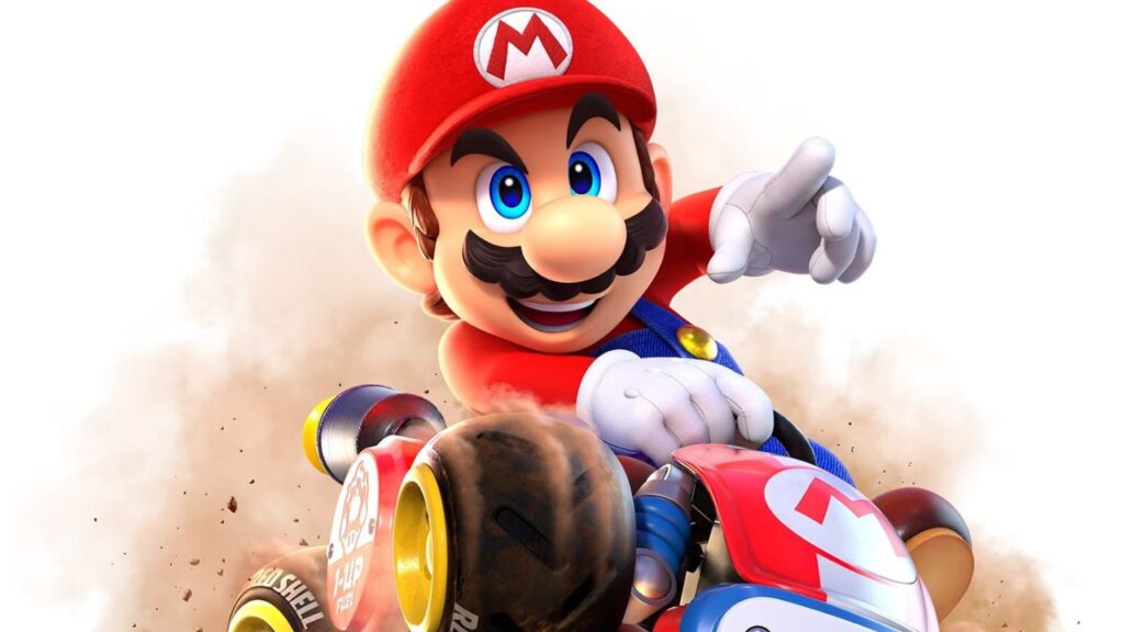 Essa imagem está mostrando o personagem de games, Mario, dentro de um carro em uma imagem do jogo Mario Kart World