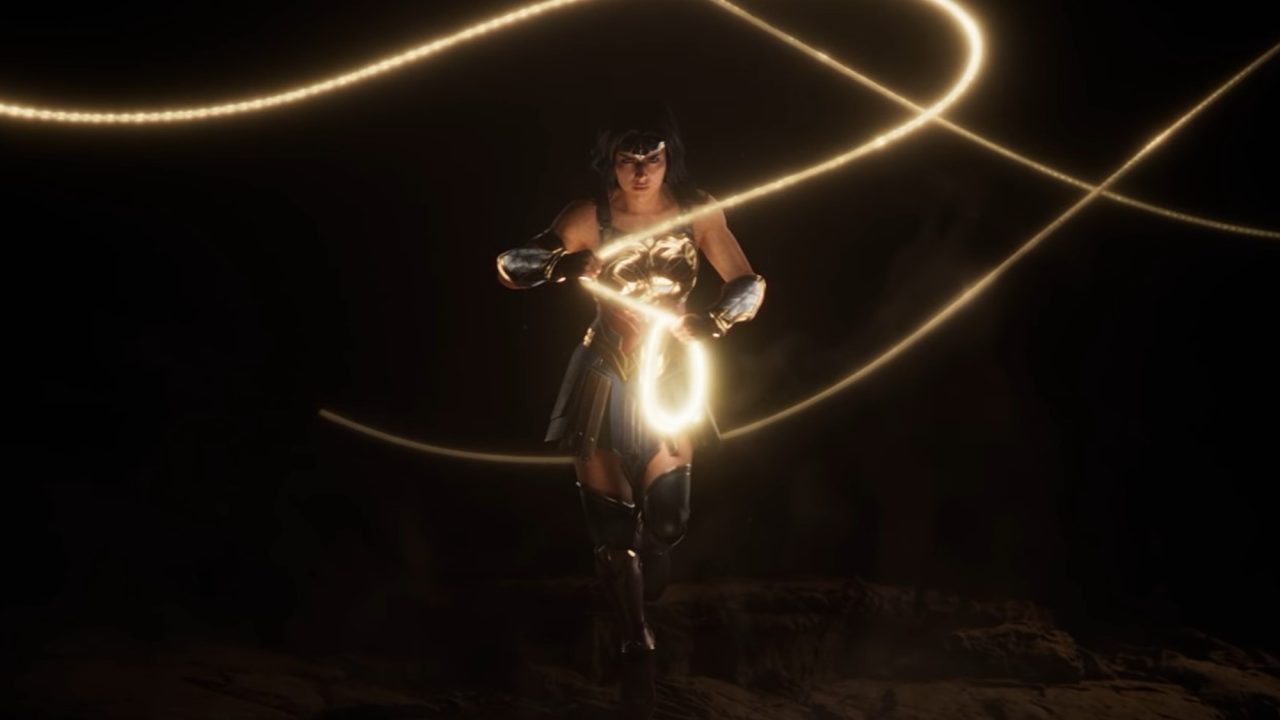 A imagem mostra a Mulher Maravilha com seu laço da verdade no jogo da Monolith